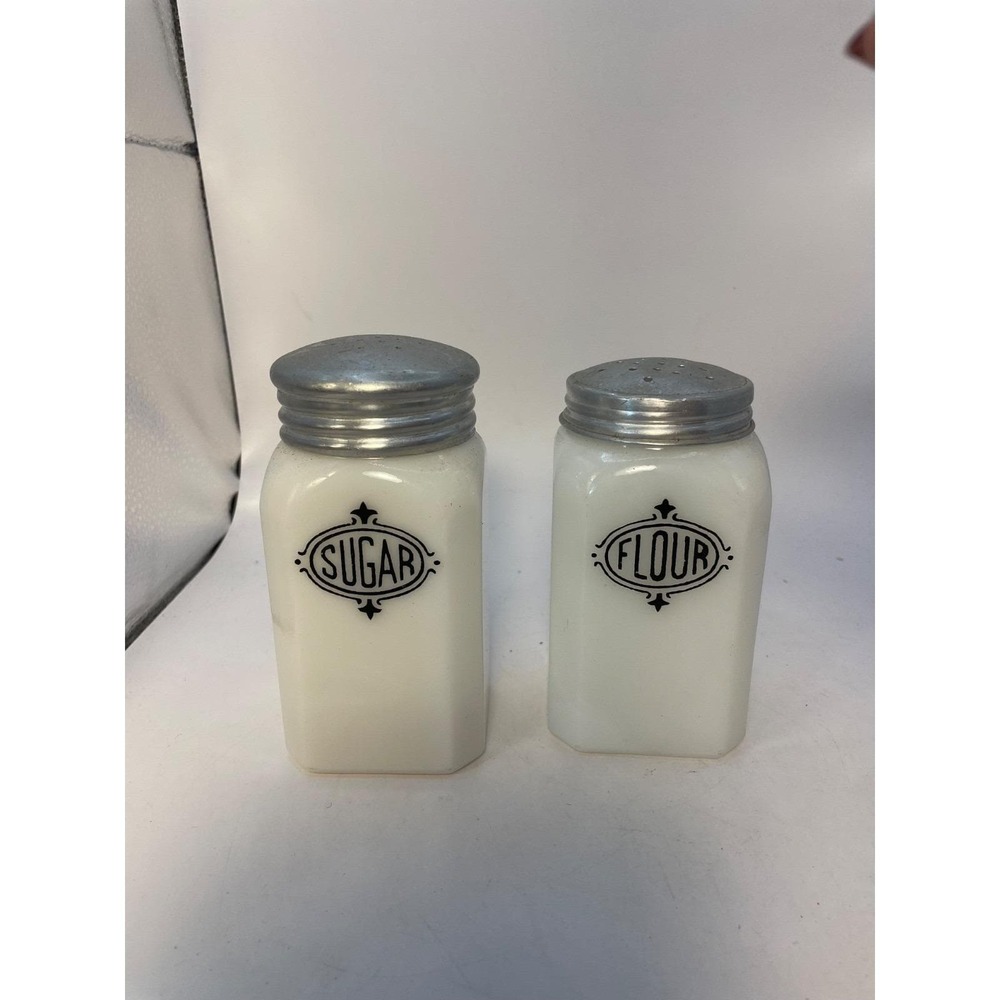 Anchor Hocking White Milk Glass Sugar & Flour Canister Set with Silver Lids